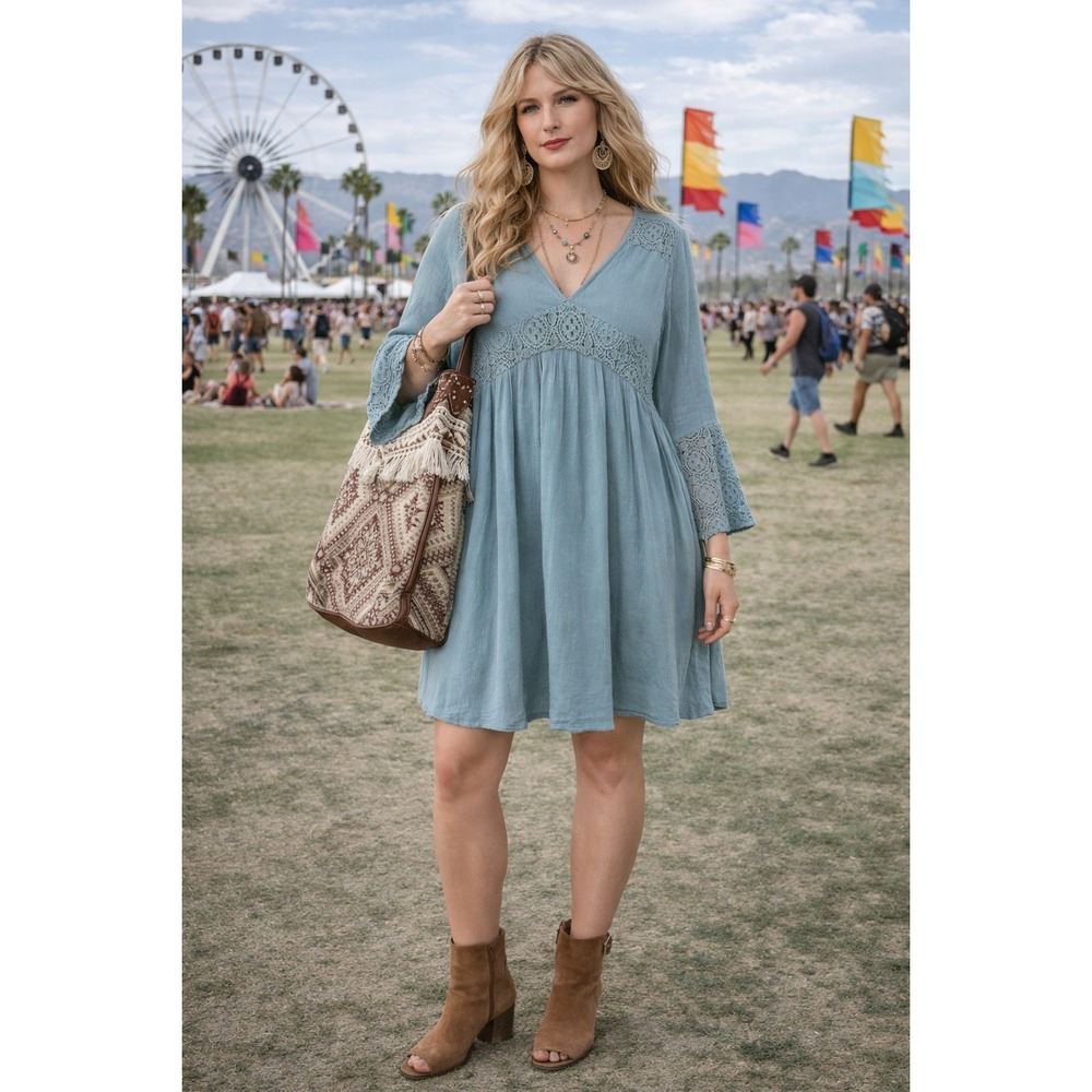 She + Sky Boho Lace Bell Sleeve Babydoll Dress‎ Blue Size Small